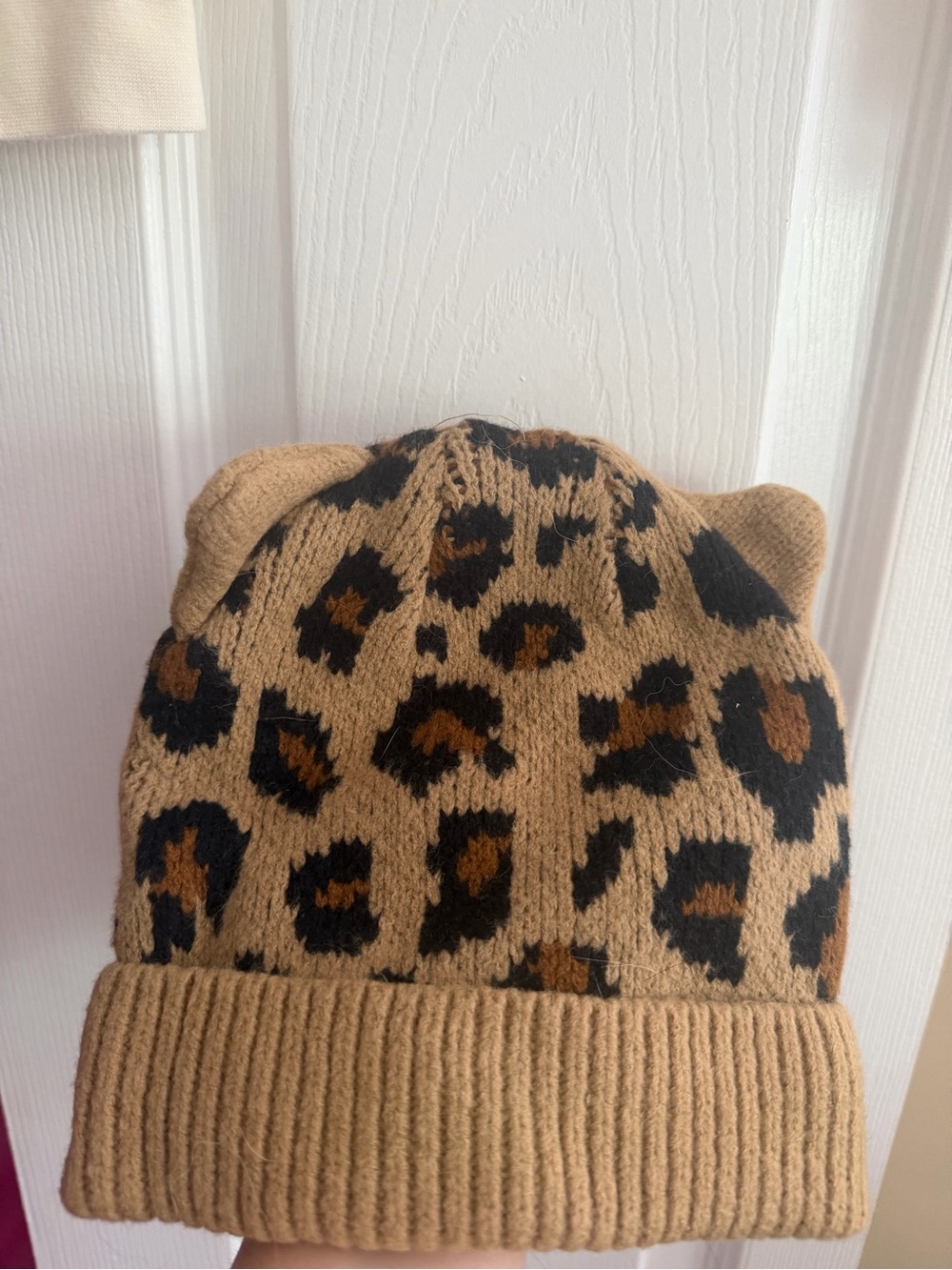 GAP Kids Leopard Print Knit Beanie with Ears - Tan, Black, Brown